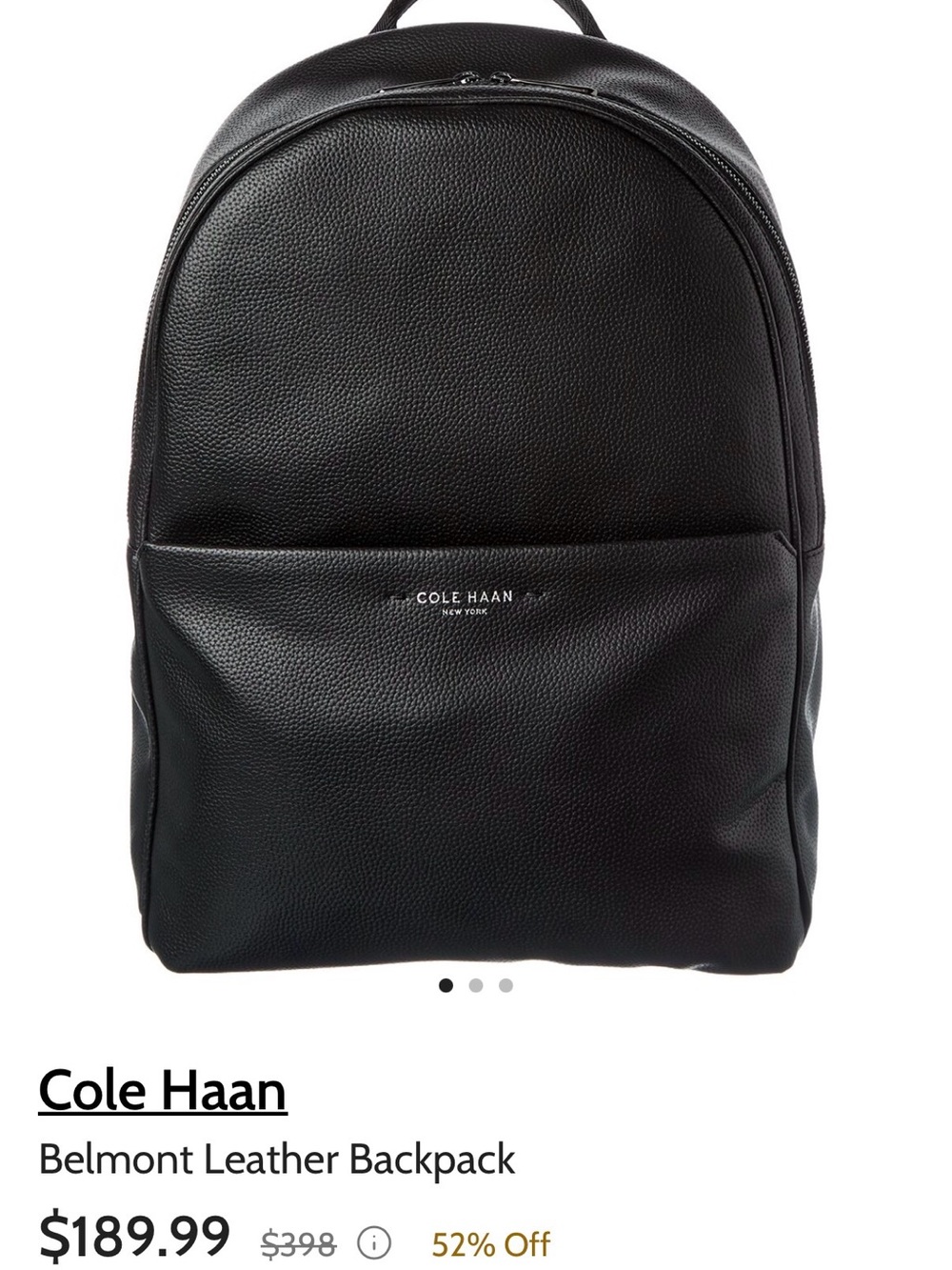 Cole Haan Black Pebbled Leather Belmont Backpack